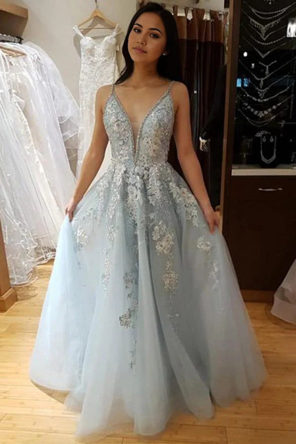 A Line Spaghetti Straps Light Blue Prom Dress With Beading Appliques