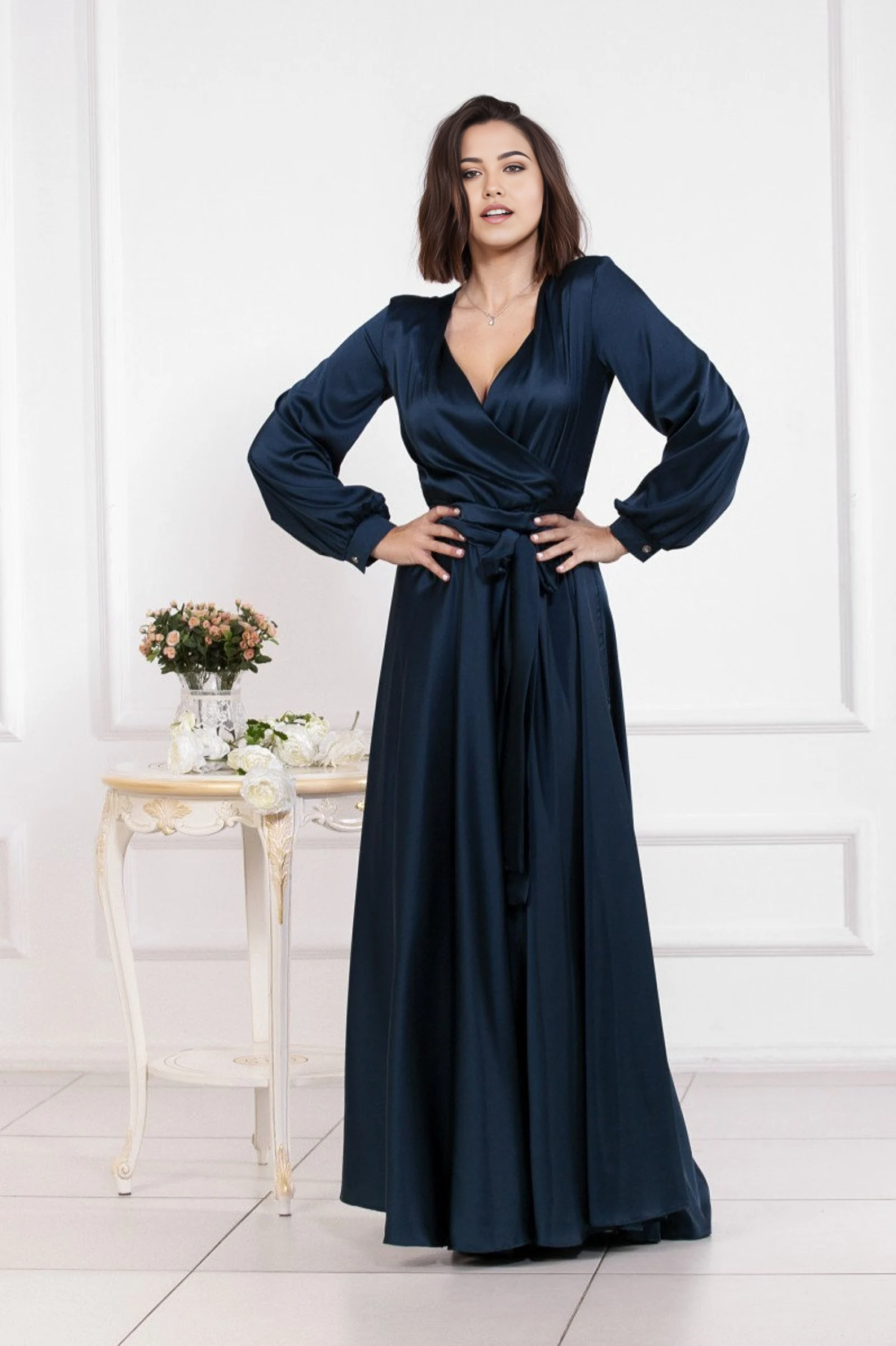 A-line V-Neck Long Sleeve Bridesmaid Dress Formal Dresses for Wedding Guest Cocktail Dress Mother of the Bride Dresses