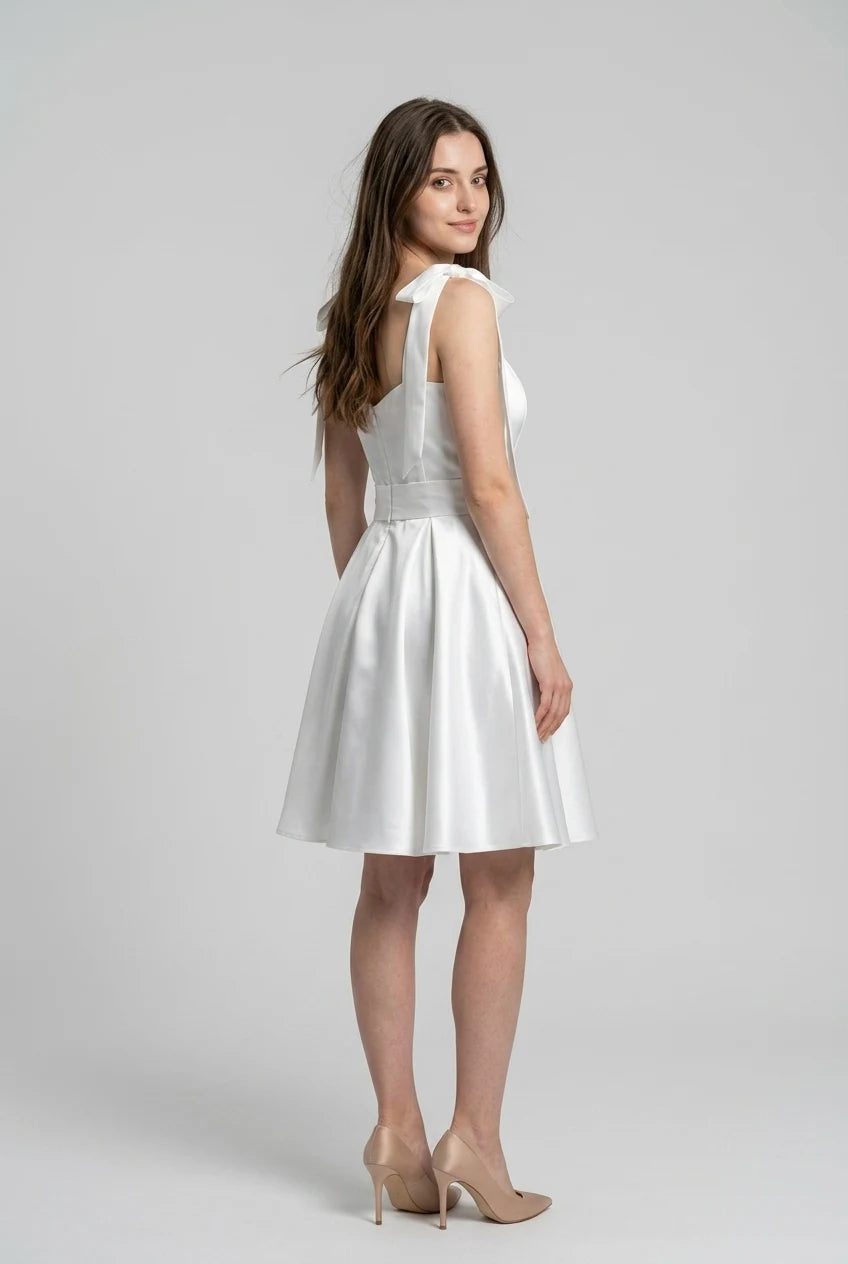 Elegant A-Line Sweetheart Ivory Satin Mini Homecoming Dress with Bow Straps