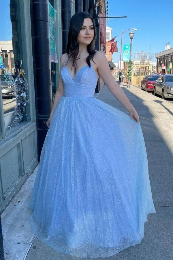 A-line Spaghetti Straps Chic Long Prom Dresses Evening Dress