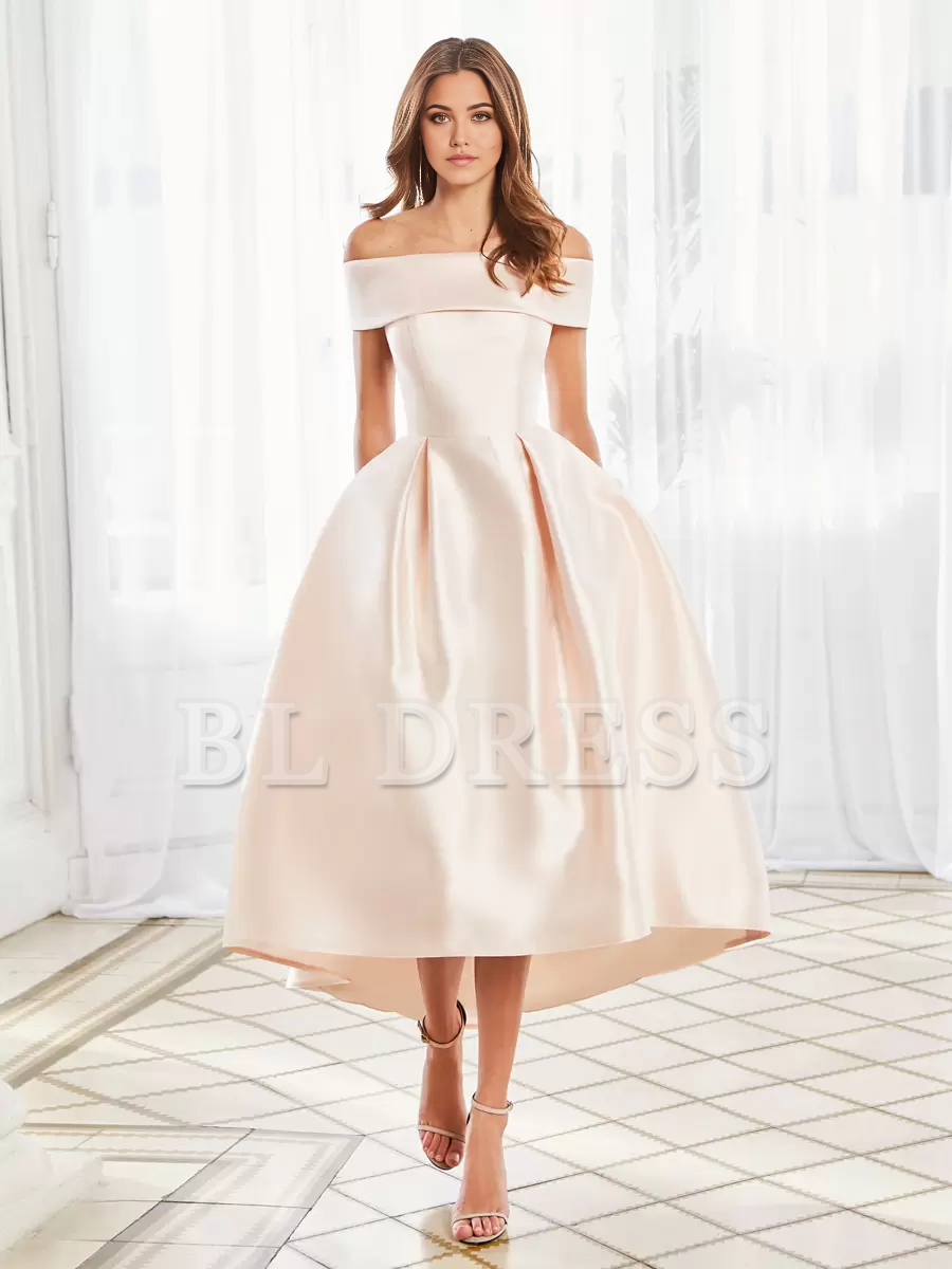 A-line Elegant Off-The-Shoulder Short Tea-Length Satin formal dress evening gown Wedding Guest Dresses Prom Dress