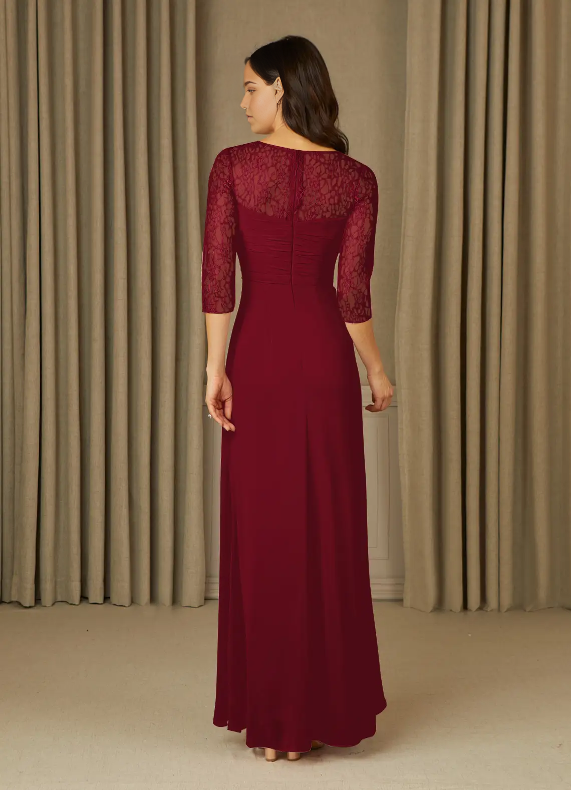 A-Line 3/4 Length Sleeve Lace Chiffon Burgundy formal dresses evening dress Mother of the Bride Dresses