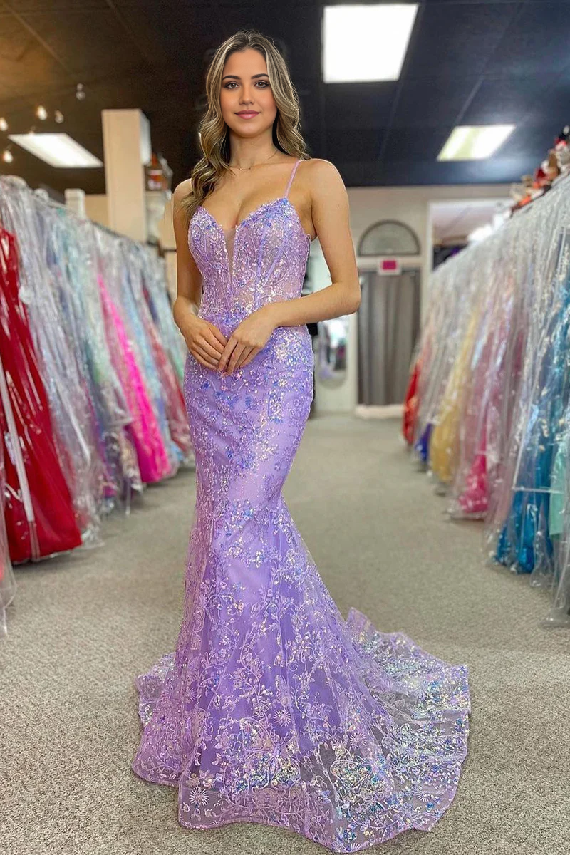 Mermaid V Neck Sequins Charming Lilac Long Prom Dress