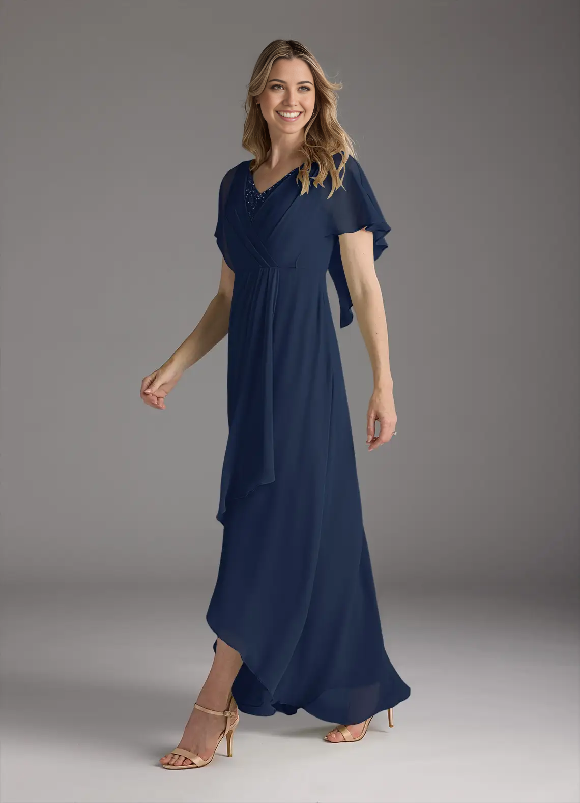 A-Line V-Neck Pleated Chiffon Dark Navy formal dresses evening dress Mother of the Bride Dresses