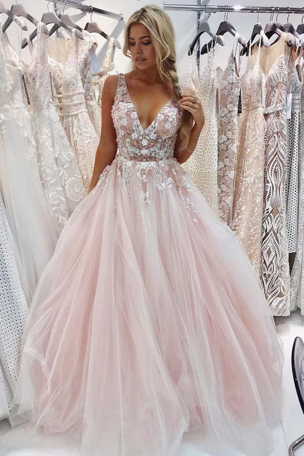 A-Line V-Neck Appliques Beading Floor-Length Pink Prom Dress