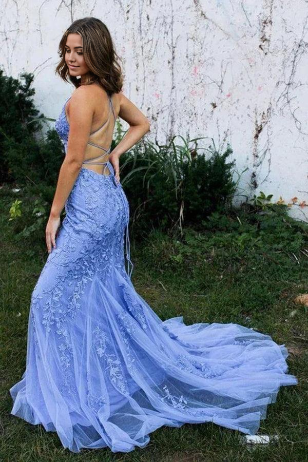 Mermaid Backless Lace Blue Long Prom Dresses Formal Dresses