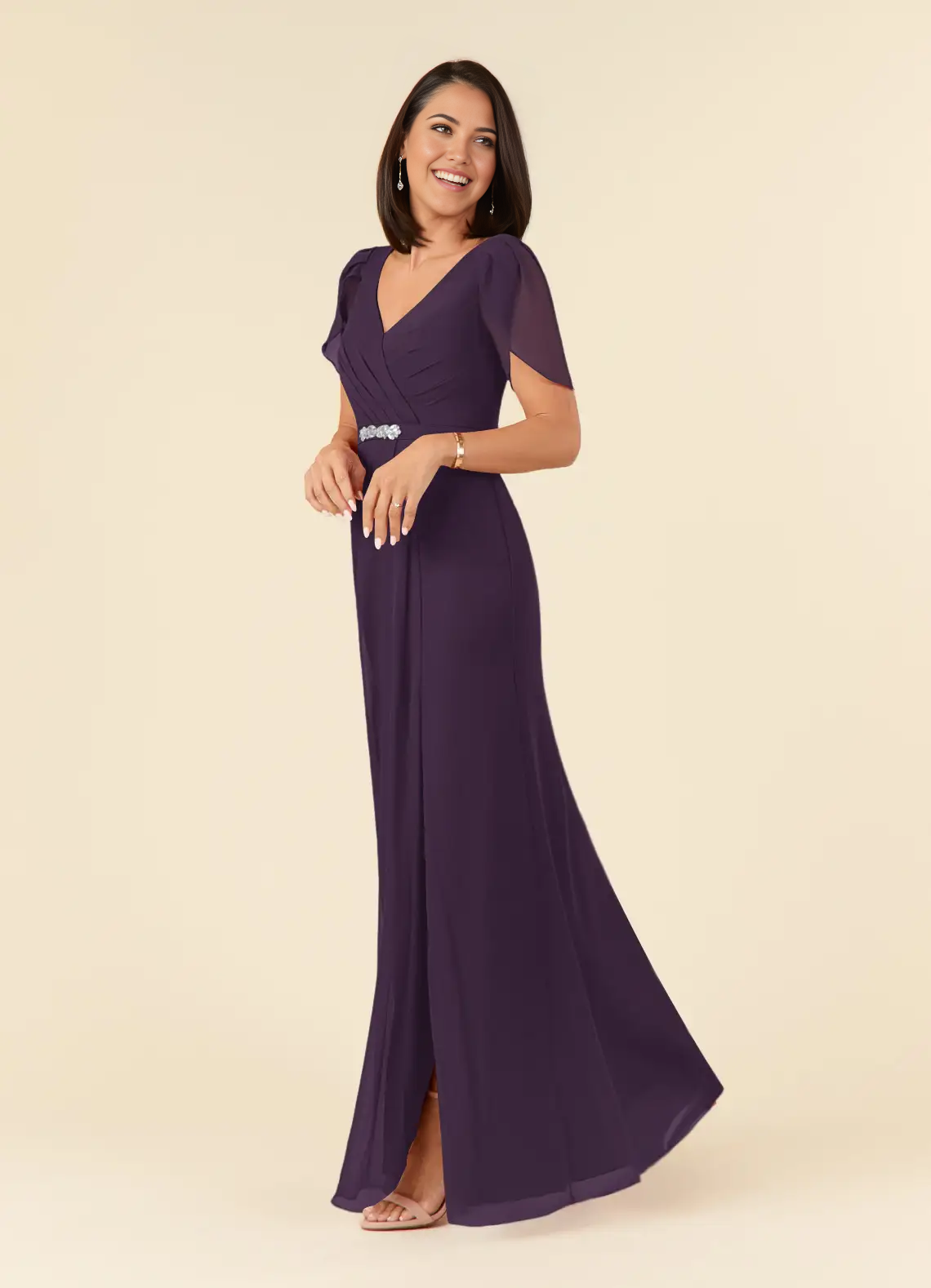 Sheath V-Neck Pleated Chiffon Plum Mother of the Bride Dresses