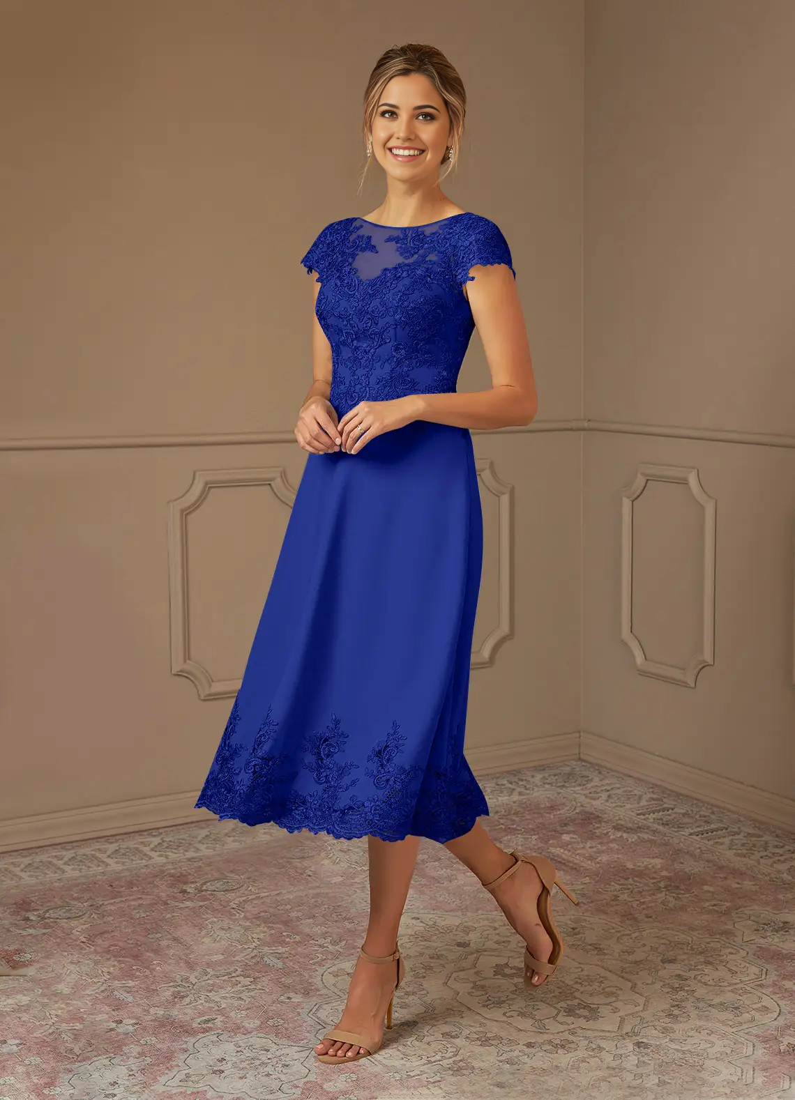 A-Line Scoop Lace Lace Tea Length Royal Blue formal dresses evening dress Mother of the Bride Dresses