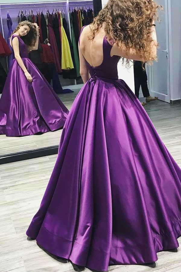 A-line V-Neck Sweep Train Satin Sleeveless Backless Ball Gown Prom Dress