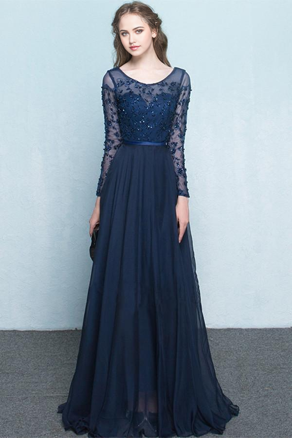 A-line Scoop Chiffon Neck Long Sleeves Beading formal dresses Evening Dress Prom Dress