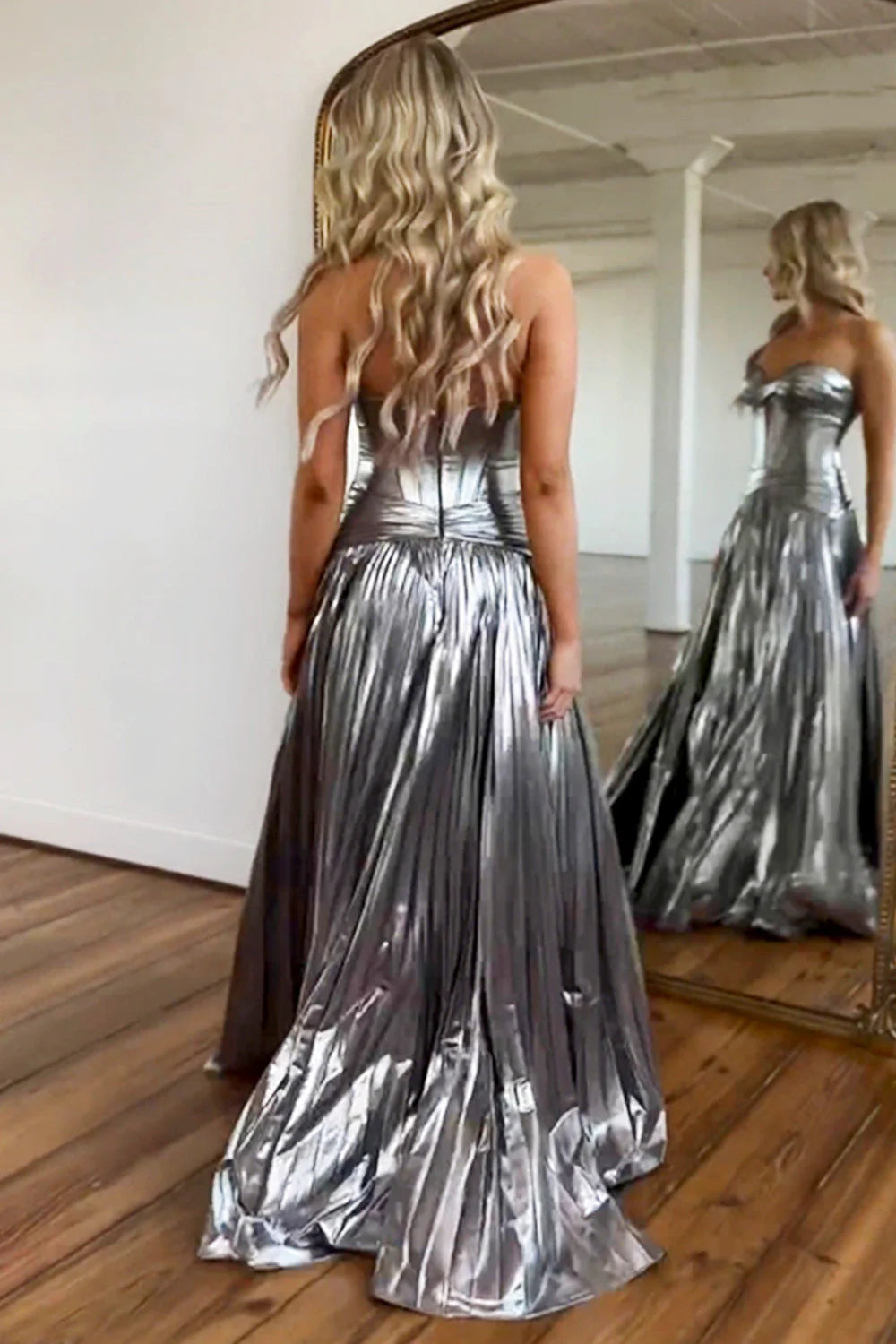 A-Line Sweetheart Sparkly Silver Long formal dresses evening dress Prom Dresses With Slit