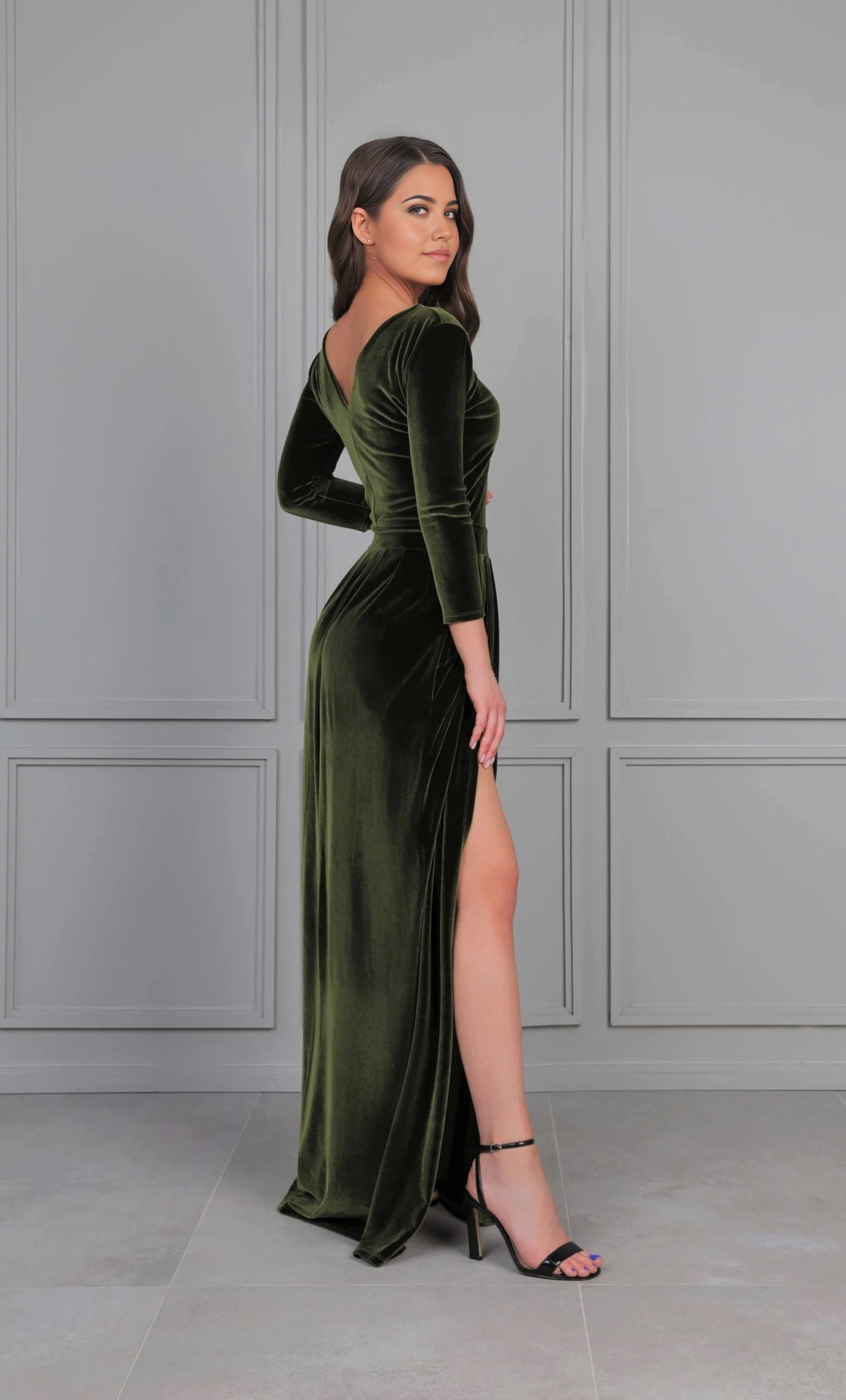 A-line Velvet Crew Neck Back V Long Sleeve Bridesmaid Dress Formal Dresses for Wedding Guest Cocktail Dress Mother of the Bride Dresses