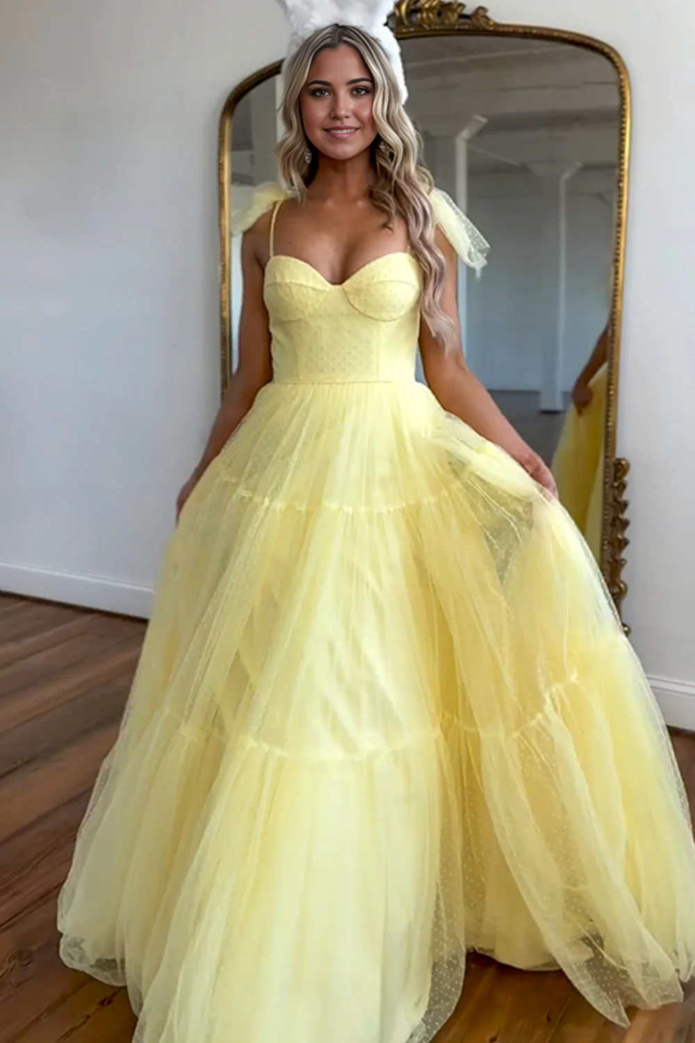 A-Line Spaghetti Straps Long Tulle Yellow formal dresses evening dress Prom Dresses