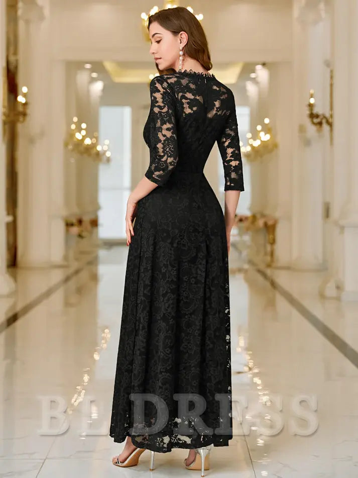 A-line V-Neck Lace 2/3 Sleeves evening gown formal dress Prom Dresses