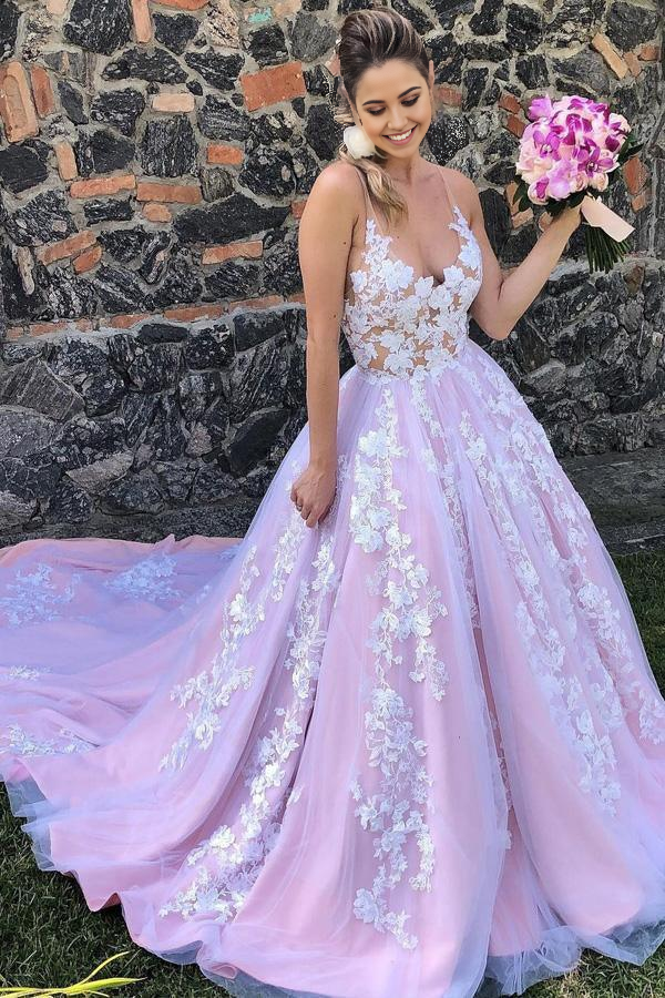 A-line Spaghetti Princess Strap Lavender Prom Dress with Applique