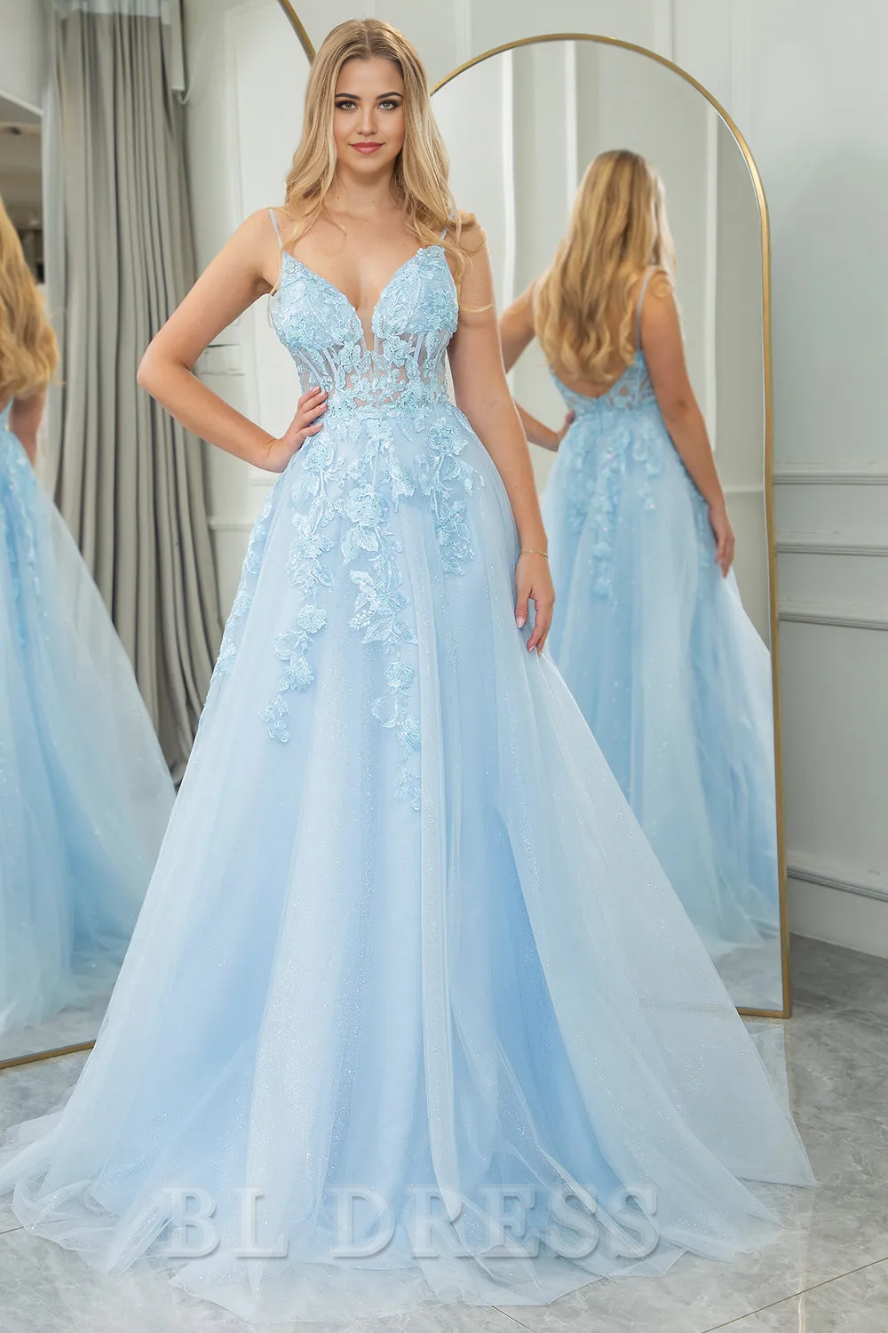 A Line Backless Long Tulle Light Blue formal dress evening gown Prom Dress With Appliques