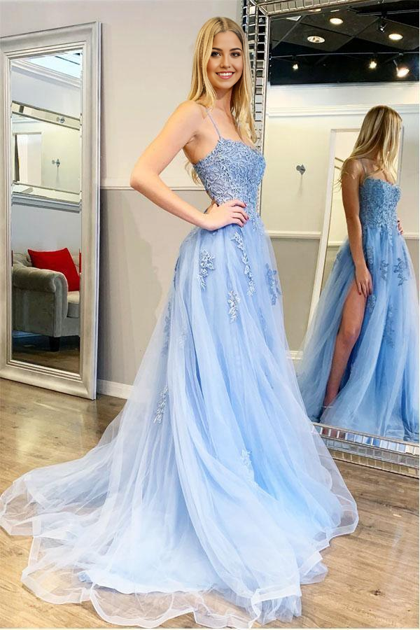 A-line Spaghetti Straps Appliqued Sweep Train High Slit Evening Dress Long Prom Dress