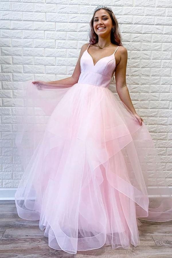 Spaghetti Straps Simple Pink Tulle Ruffles Long Prom Dresses Formal Dress