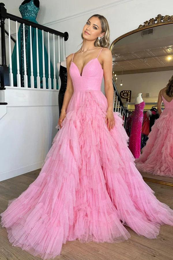 A-line V-Neck Tiered Pink Long Prom Dress with Ruffles