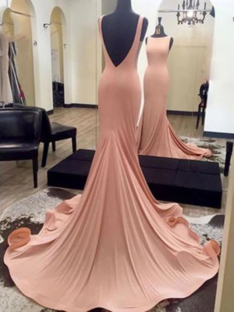 Mermaid Open Back Round Neck Long Prom Dress Evening Dress