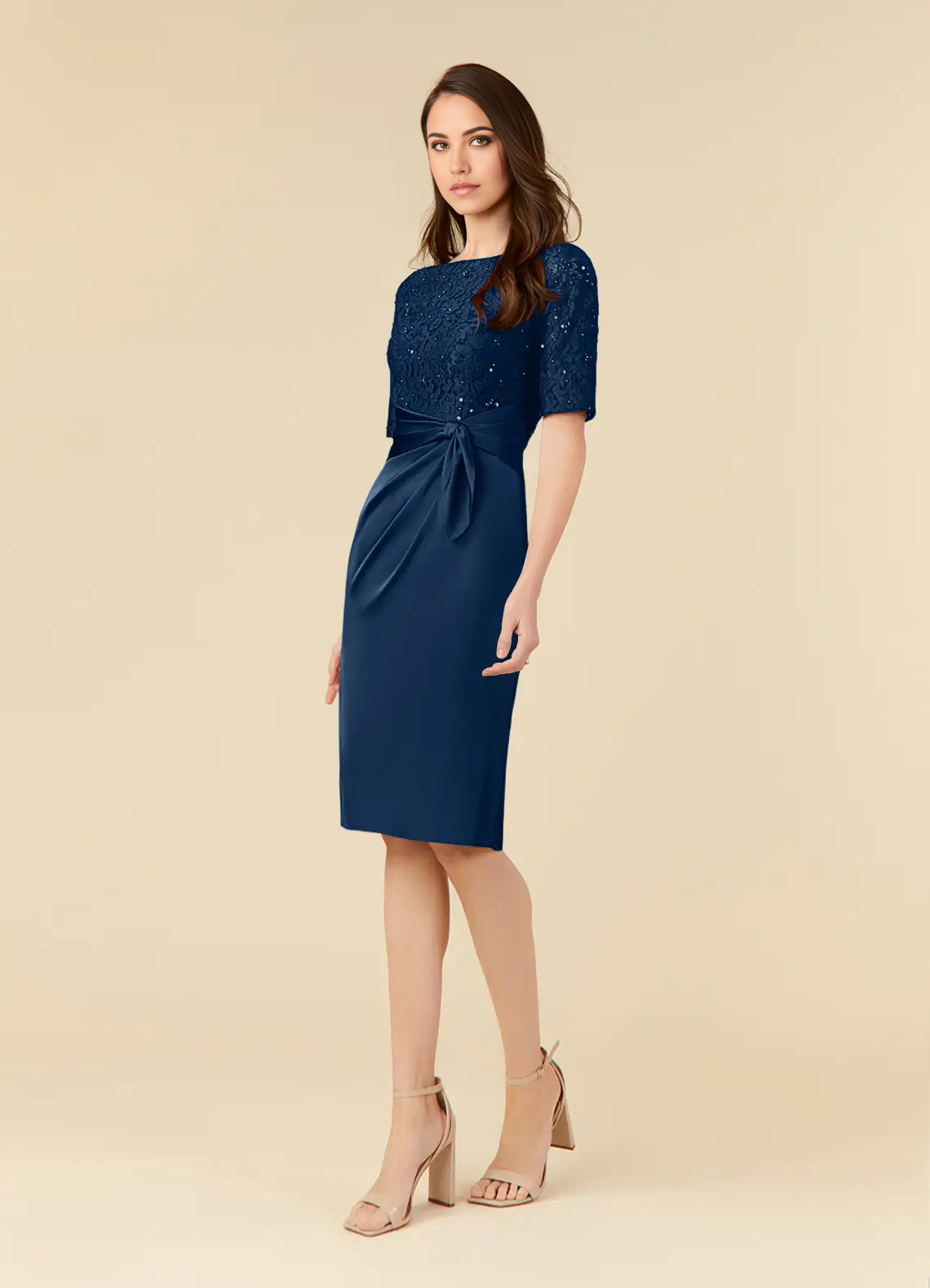 Sheath Sequins Lace Tea Length Dark Navy formal dresses evening dress Mother of the Bride Dresses