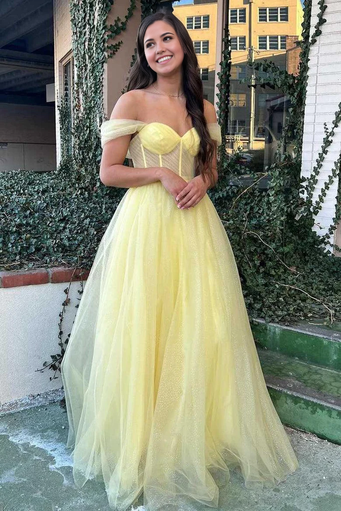 A-Line Yellow Off-the-Shoulder Tulle Prom Dress Formal Dress