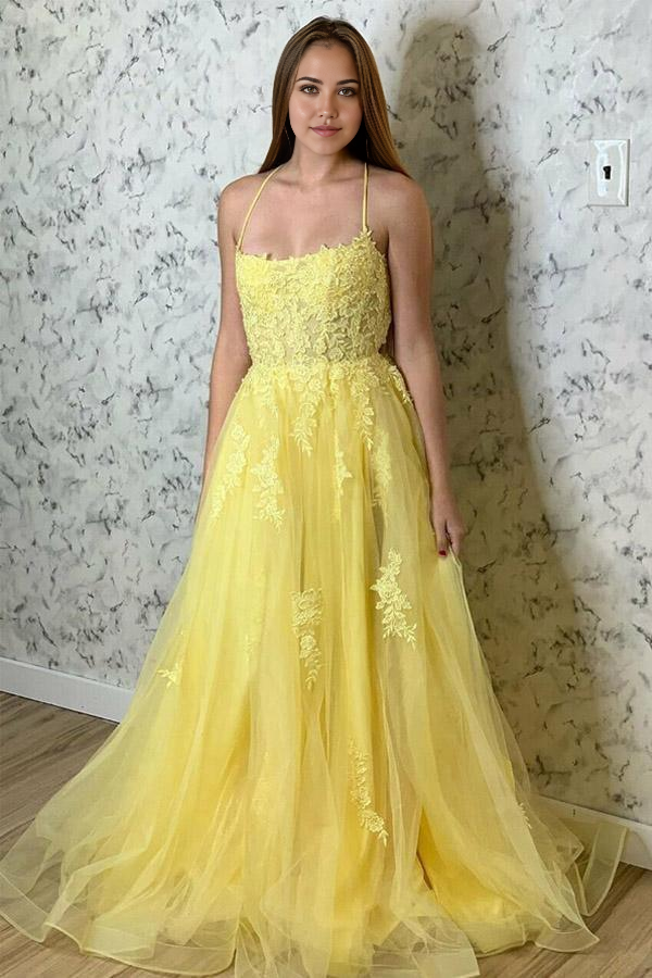 A Line Spaghetti Straps Yellow Split Long Prom Dress With Lace Appliques