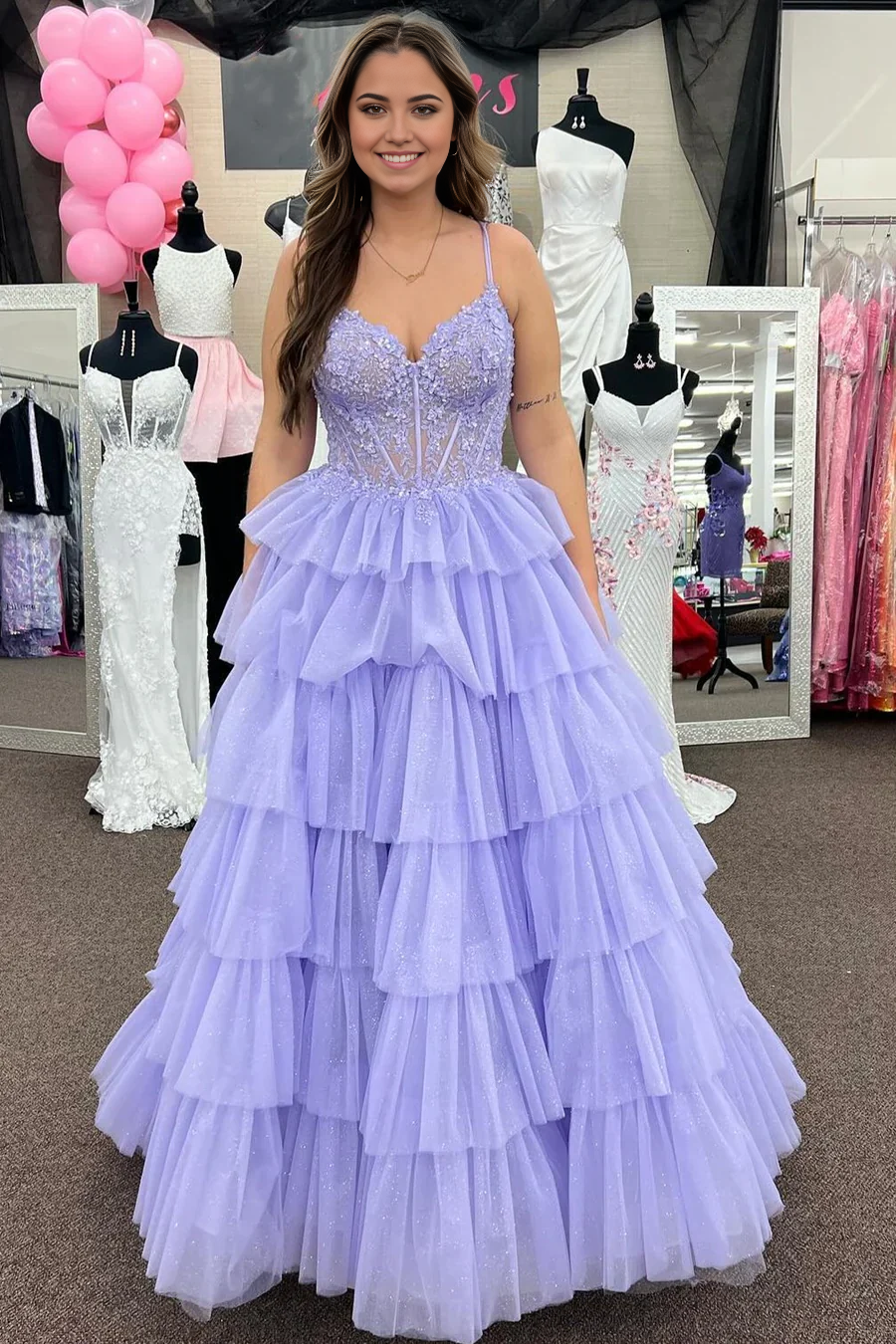 A Line V Neck Lavender Tulle Long Prom Dresses with Appliques