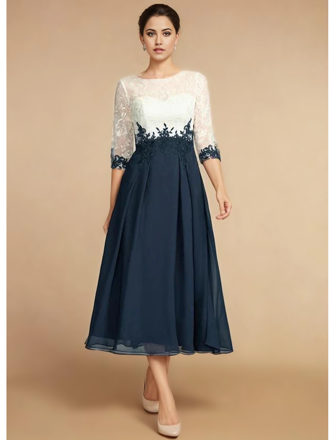 A-line Scoop Illusion Lace Chiffon Tea-Length Mother of the Bride Dress
