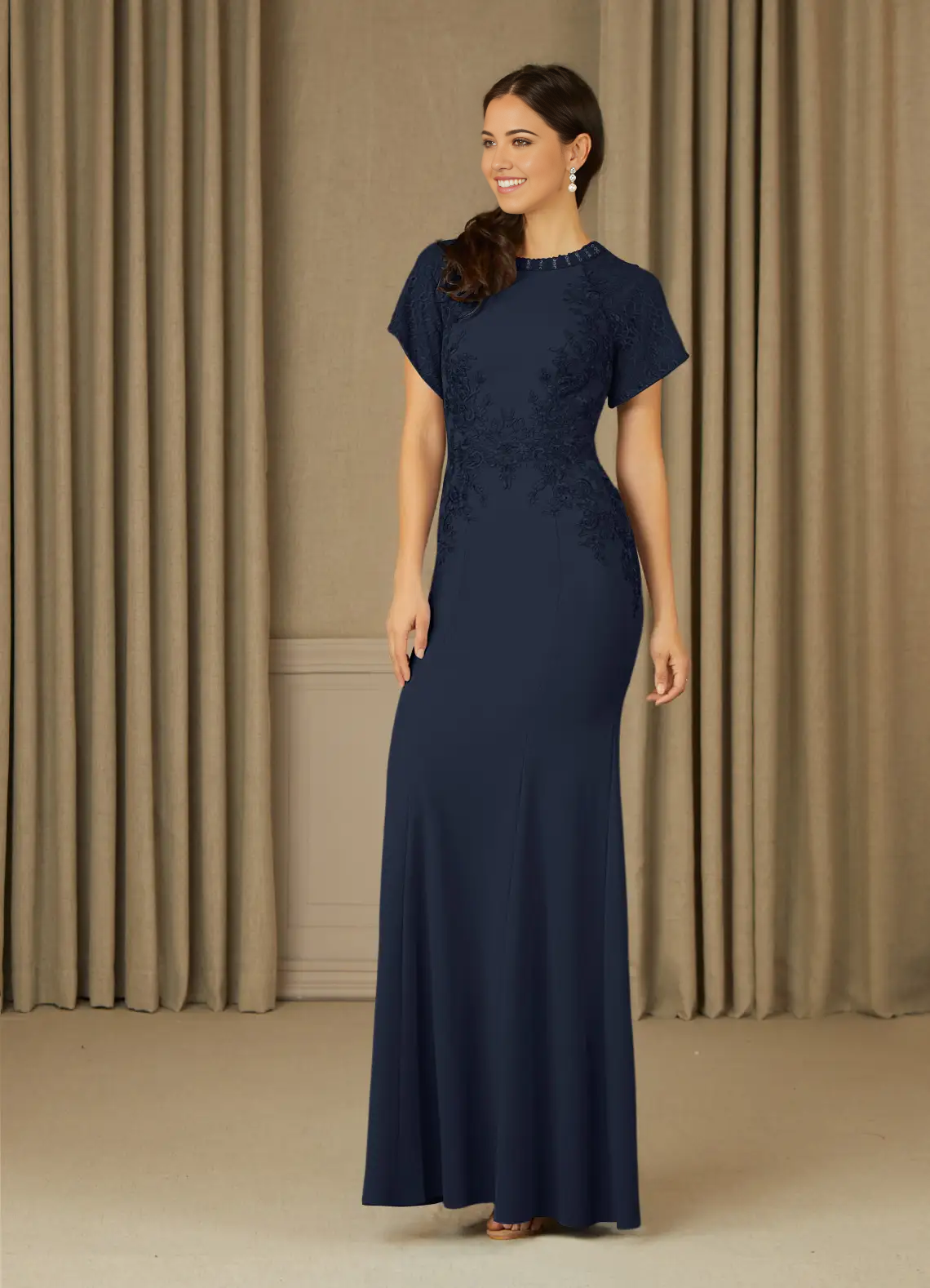 Mermaid Crew Neck Lace Dark Navy formal dresses evening dress Mother of the Bride Dresses