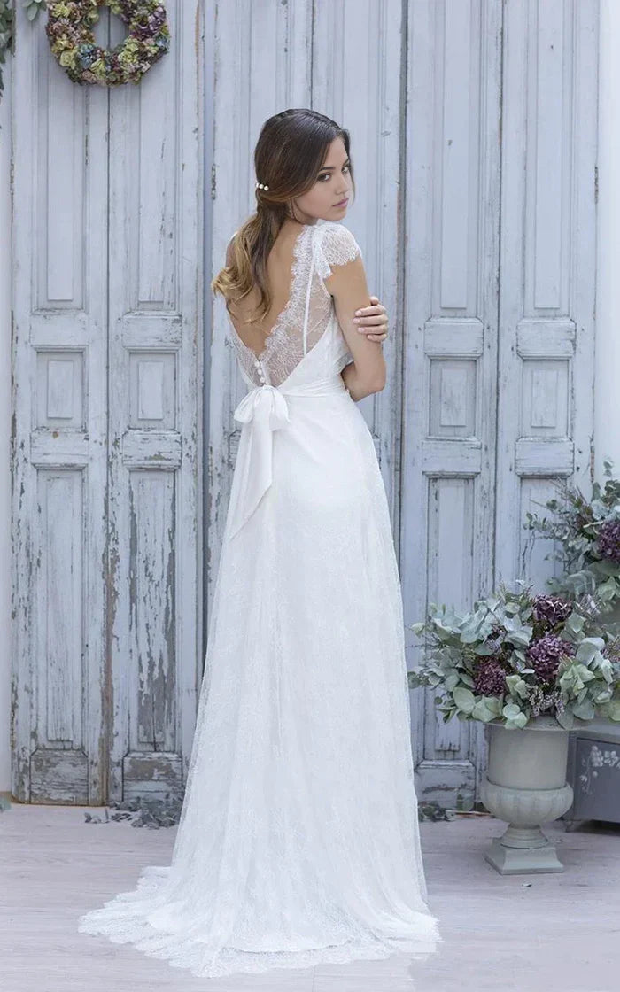 A-Line V-Neck Tulle Lace Short Cap Sleeves Backless Wedding Dress