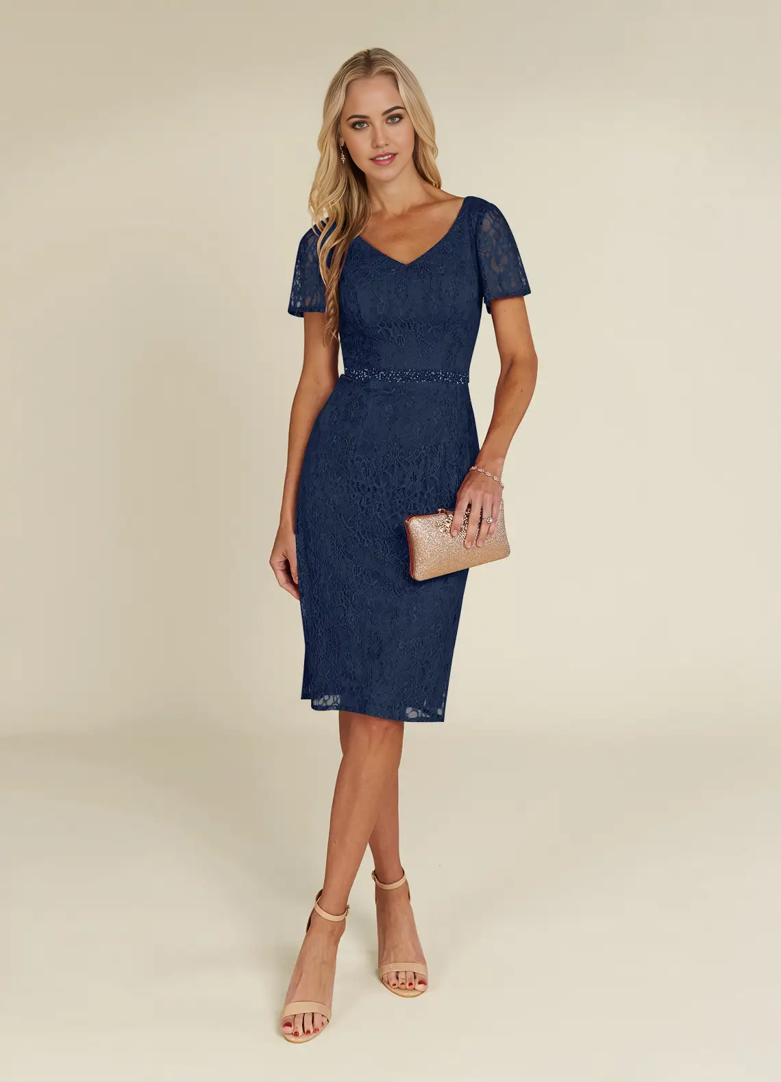 Sheath V-Neck Lace Short Sleeve Dark Navy Mother of the Bride Dresses