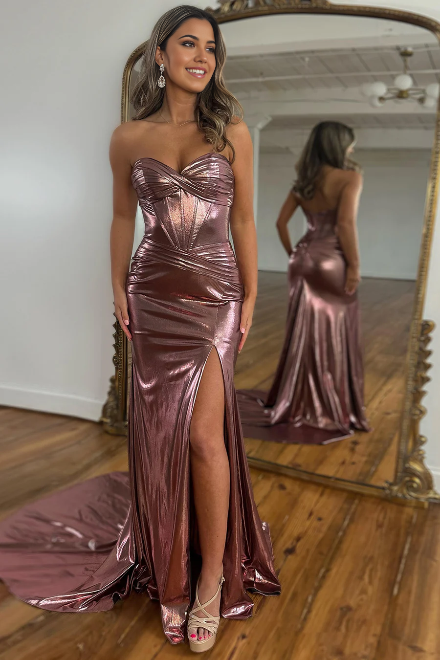 Mermaid Sparkly Sweetheart Satin Long formal dresses evening gown Prom Dresses with Slit