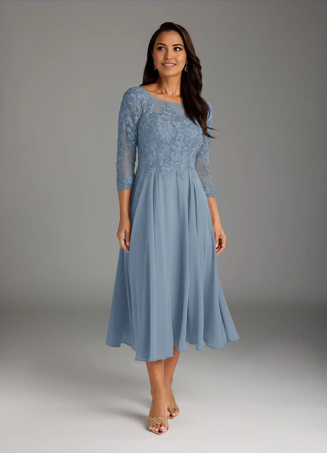 A-Line Scoop Lace Chiffon Dusty Blue Mother of the Bride Dresses