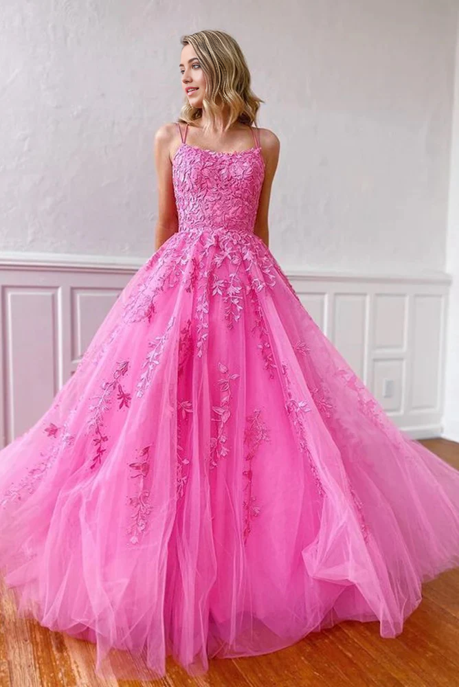 A-line Scoop Neck Hot Pink Tulle Sweet Ball Gown Prom Dresses with Appliques
