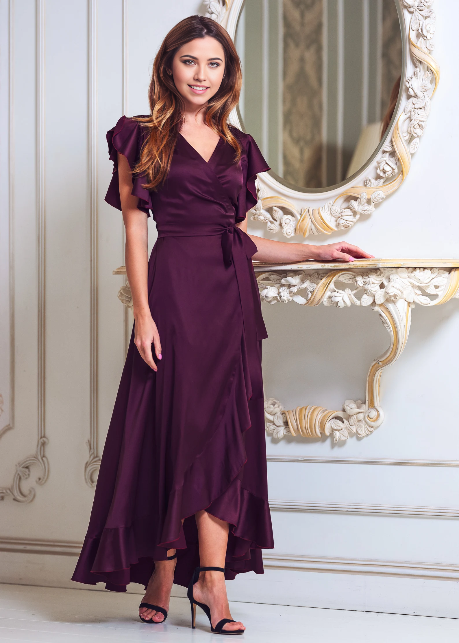 A-line V-Neck Short Sleeve Tea Length Bridesmaid Dress Formal Dresses for Wedding Guest Cocktail Dress Mother of the Bride Dresses