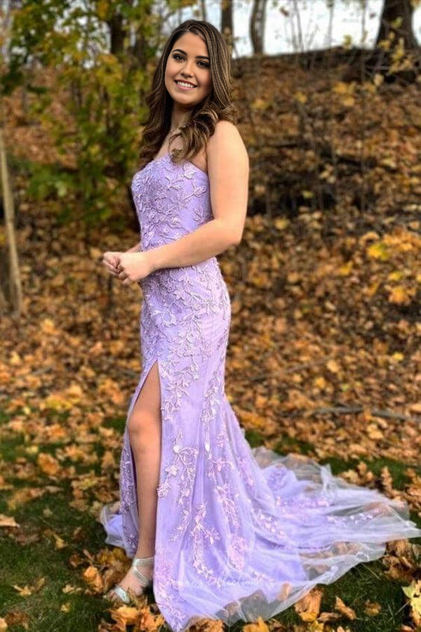 Mermaid Strapless Sky Blue Split Prom Dresses Formal Dress With Lace