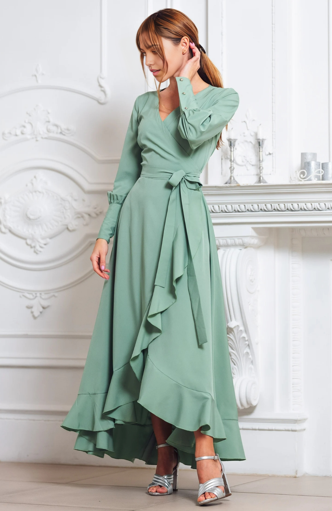 A-line V-Neck Tea Length Long Sleeve Cocktail Dress Bridesmaid Dress Formal Dresses for Wedding Guest Mother of the Bride Dresses