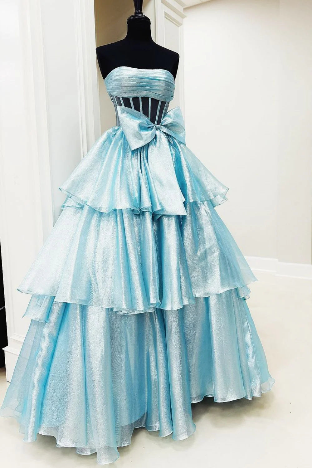 A-Line Strapless Long Organza Bowknot Lovely Fuchsia formal dresses evening dress Prom Dress with Slit