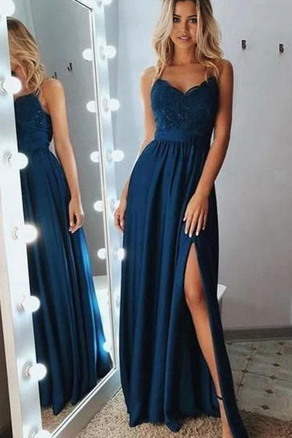 A-Line Spaghetti Straps Lace Sequins Long Gray Prom Party Dress