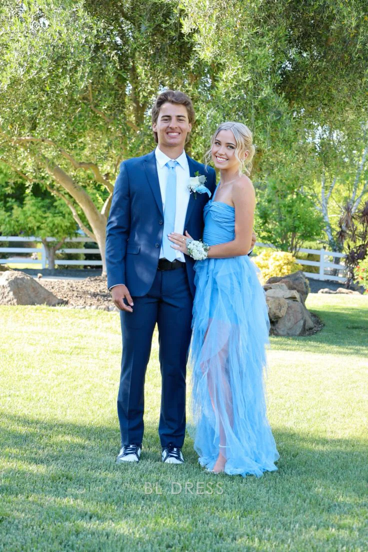 A Line Strapless Ruffle Blue Long formal dresses Bridesmaid Dresses evening gown Prom Dress