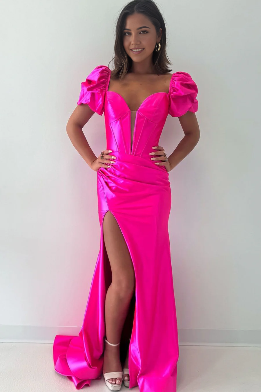 Mermaid Charming V Neck Hot Pink Satin Long evening gown formal dresses Prom Dresses with Slit