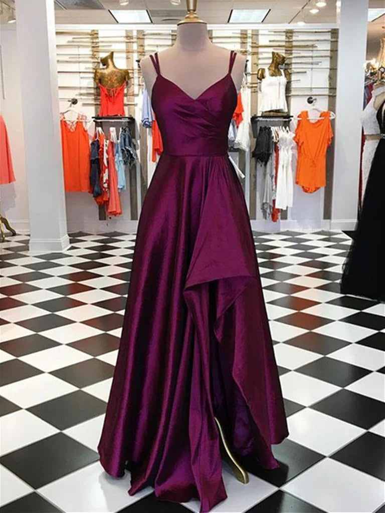 A Line V Neck High Low Satin Prom Dresses Formal Graduation Evening Dresses