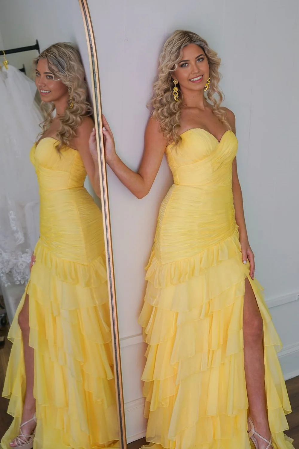 Mermaid Stunning Sweetheart Long Tiered Tulle Yellow formal dresses evening dress Prom Dress with Slit