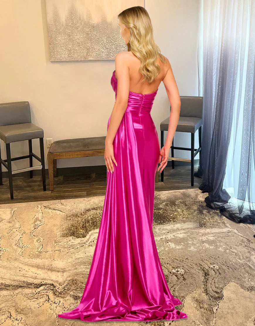 Mermaid Sexy Glitter Hot Pink Satin Long evening gown Prom Dress With Split