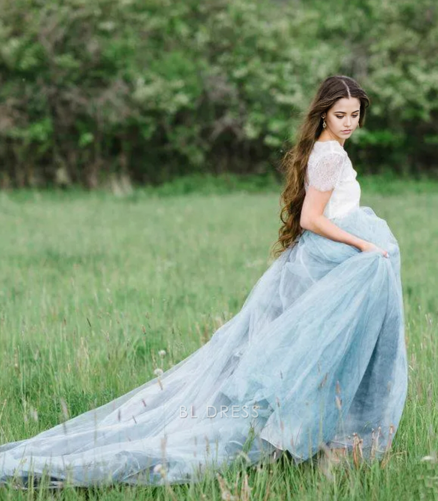 A-Linie Wunderschönes Spitzenoberteil Kurze Ärmel Ballkleid Brautkleider 