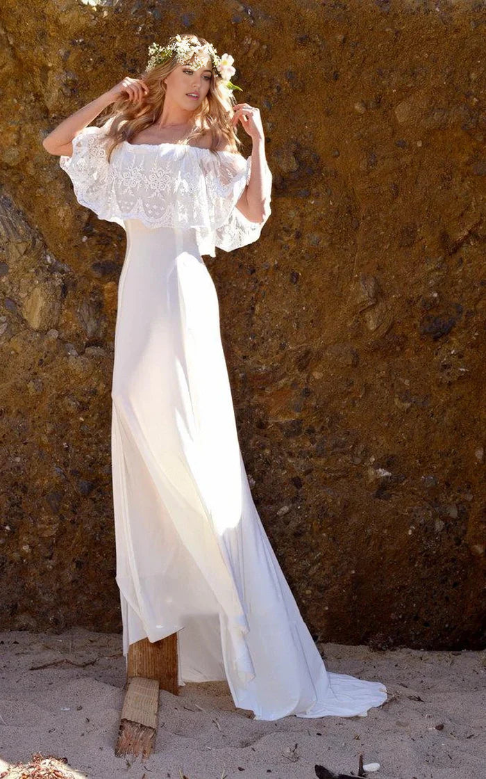 A-Linien-Kleid aus schulterfreiem Spitzenjersey mit Rüschenstickereien