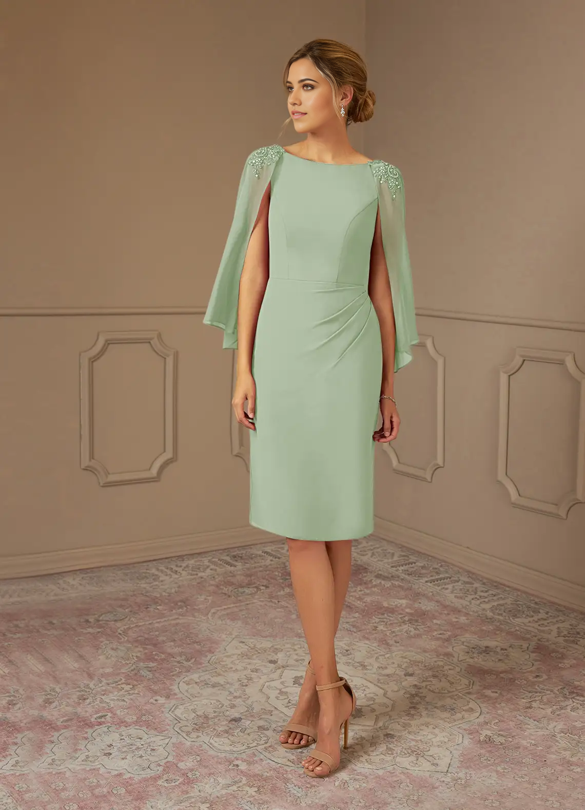 Sheath Lace Chiffon Tea Length Dusty Sage formal dresses evening dress Mother of the Bride Dresses