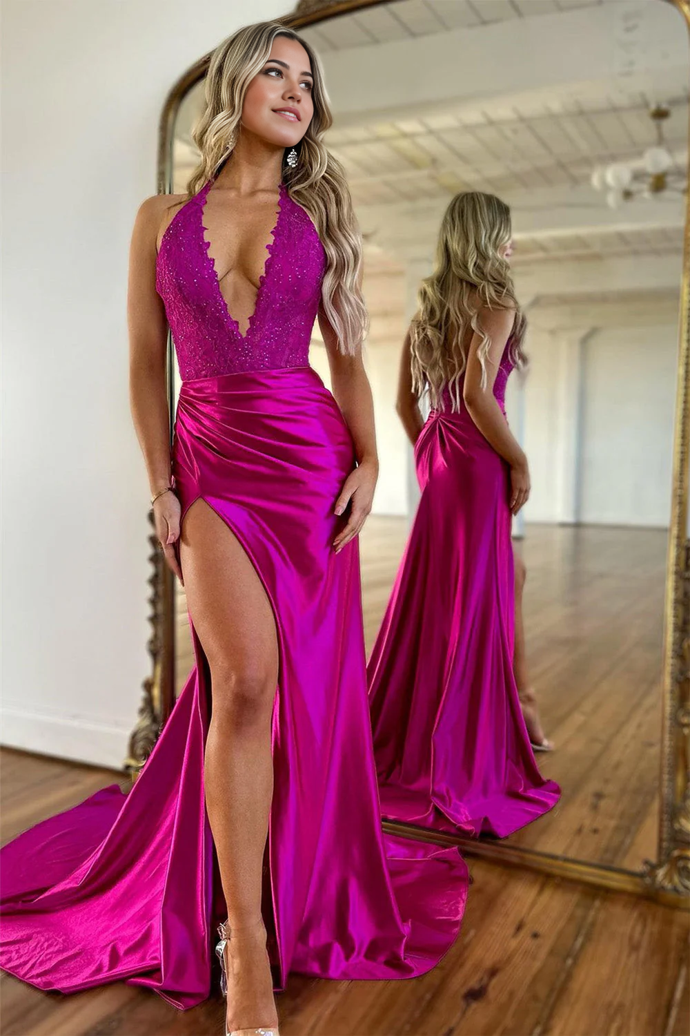 Mermaid V-Neck Fuchsia Satin Zipper Back Long Prom Dress With Slit