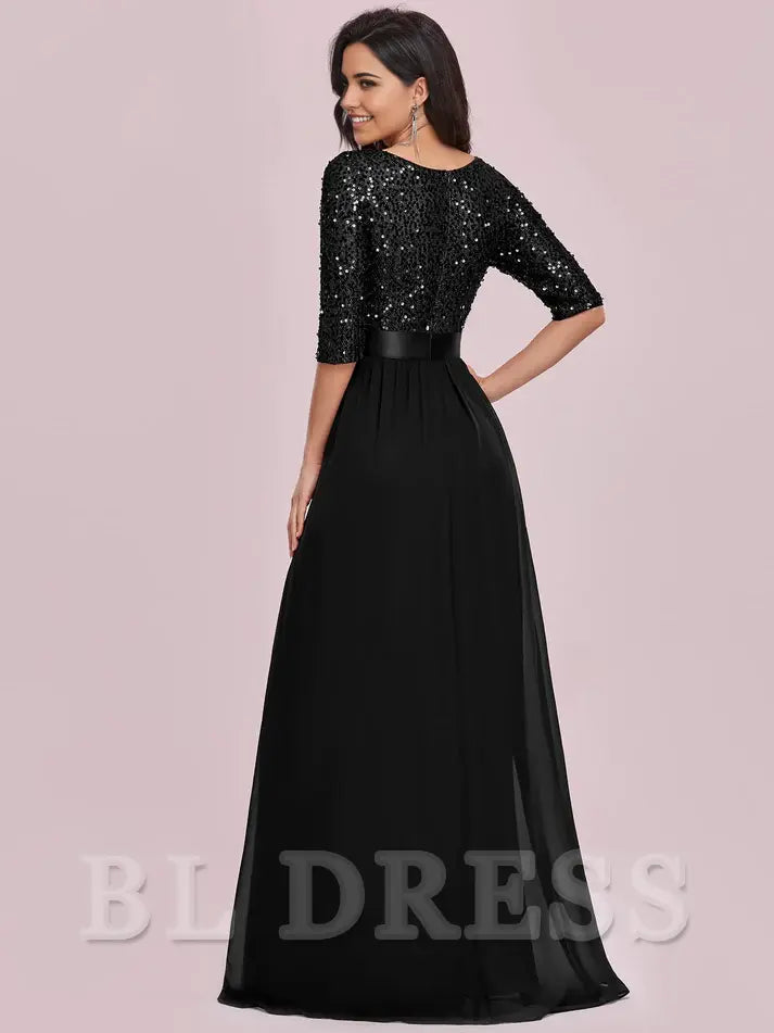 A Line Elegant Crew Neck Half Sleeve Sequin evening gown formal dress Prom Dresses